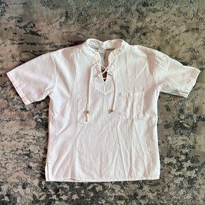White Short Sleeve Shirt with Lace-Up Neck